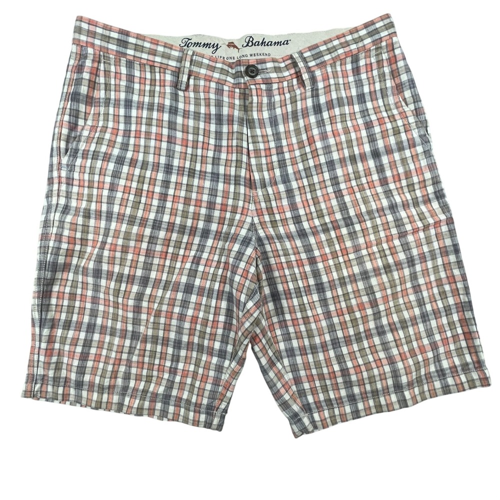 Tommy Bahama Shorts Mens 34 Orange Plaid Linen Tencel Blend Flat Front Casual